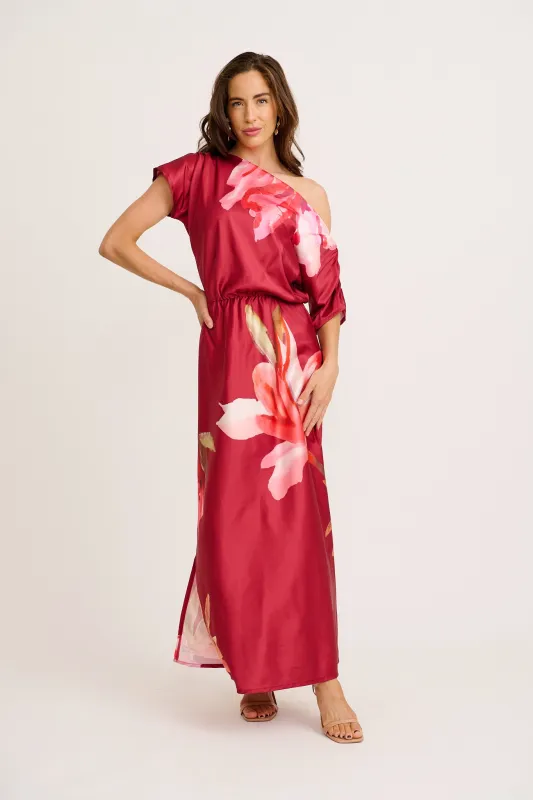 Sarita Maxi Off Shoulder Dress in Wine Floral Satin sold by St Frock