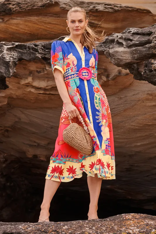 Sunbeam Maxi Shirt Dress in Blue with Multi Print Linen Blend sold by St Frock