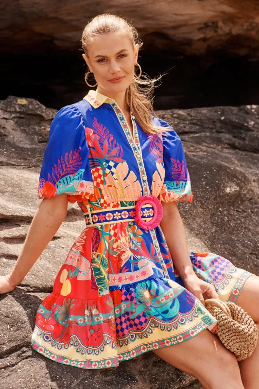 Tropic Haze Shirt Dress in Blue with Multi Print Linen Blend sold by St Frock