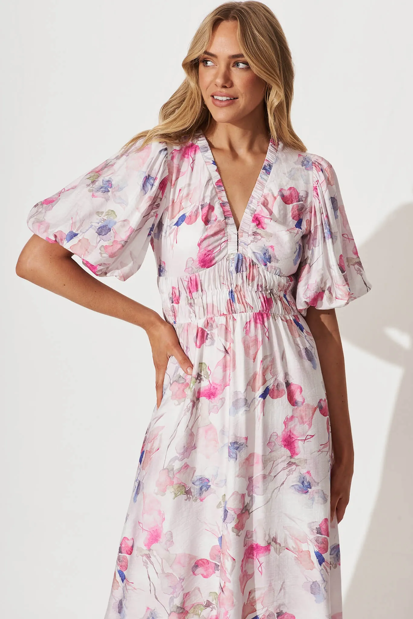 Fairground Midi Dress In Pink Multi Watercolour Floral sold by St Frock product image thumbnail 2