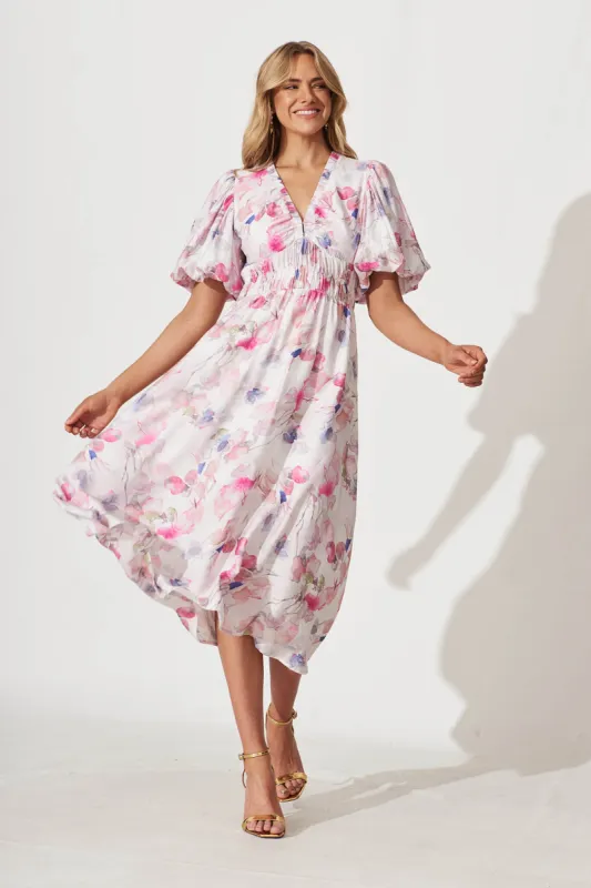 Fairground Midi Dress In Pink Multi Watercolour Floral sold by St Frock