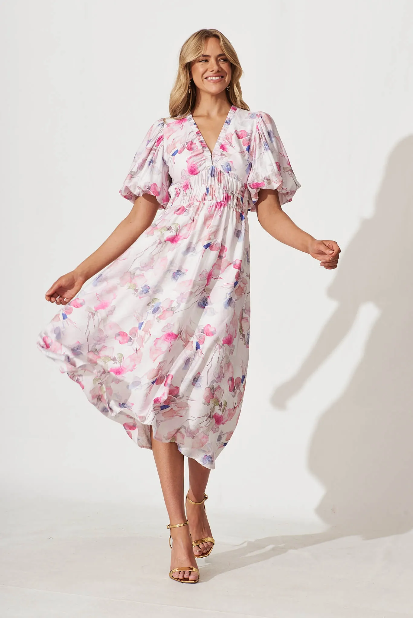 Fairground Midi Dress In Pink Multi Watercolour Floral sold by St Frock
