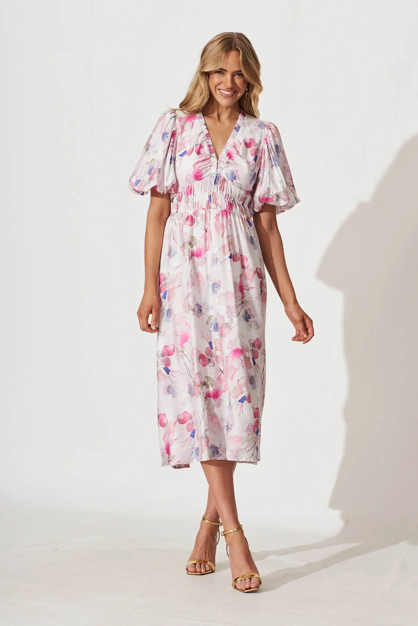 Fairground Midi Dress In Pink Multi Watercolour Floral sold by St Frock product image thumbnail 5