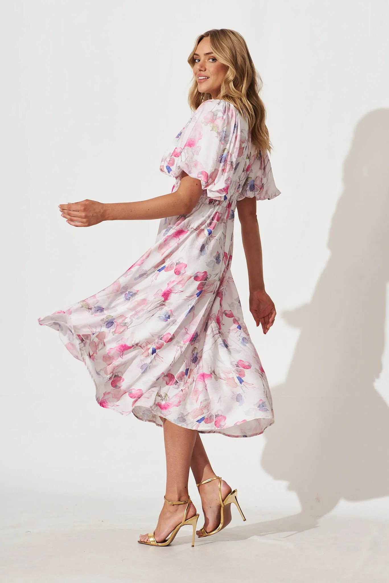 Fairground Midi Dress In Pink Multi Watercolour Floral sold by St Frock product image thumbnail 3