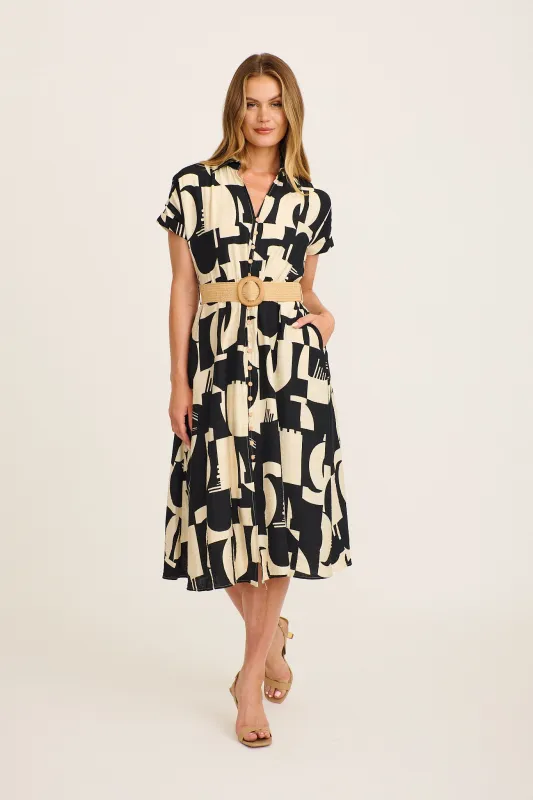 Charli Midi Shirt Dress in Black Geometric Print with Belt sold by St Frock