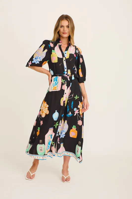 Coco Maxi Shirt Dress in Black Multi Print sold by St Frock