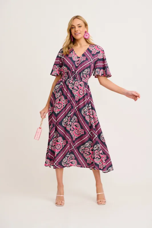 Beatrice Maxi Dress in Navy with Pink Floral Tiles Print made by St Frock