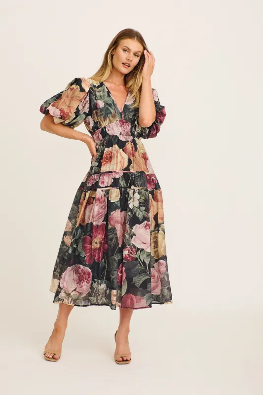 Amalie Midi Dress in Dark Multi Floral sold by St Frock