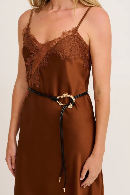 Cleo Belt in Black with Gold Textured Tie Buckle sold by St Frock