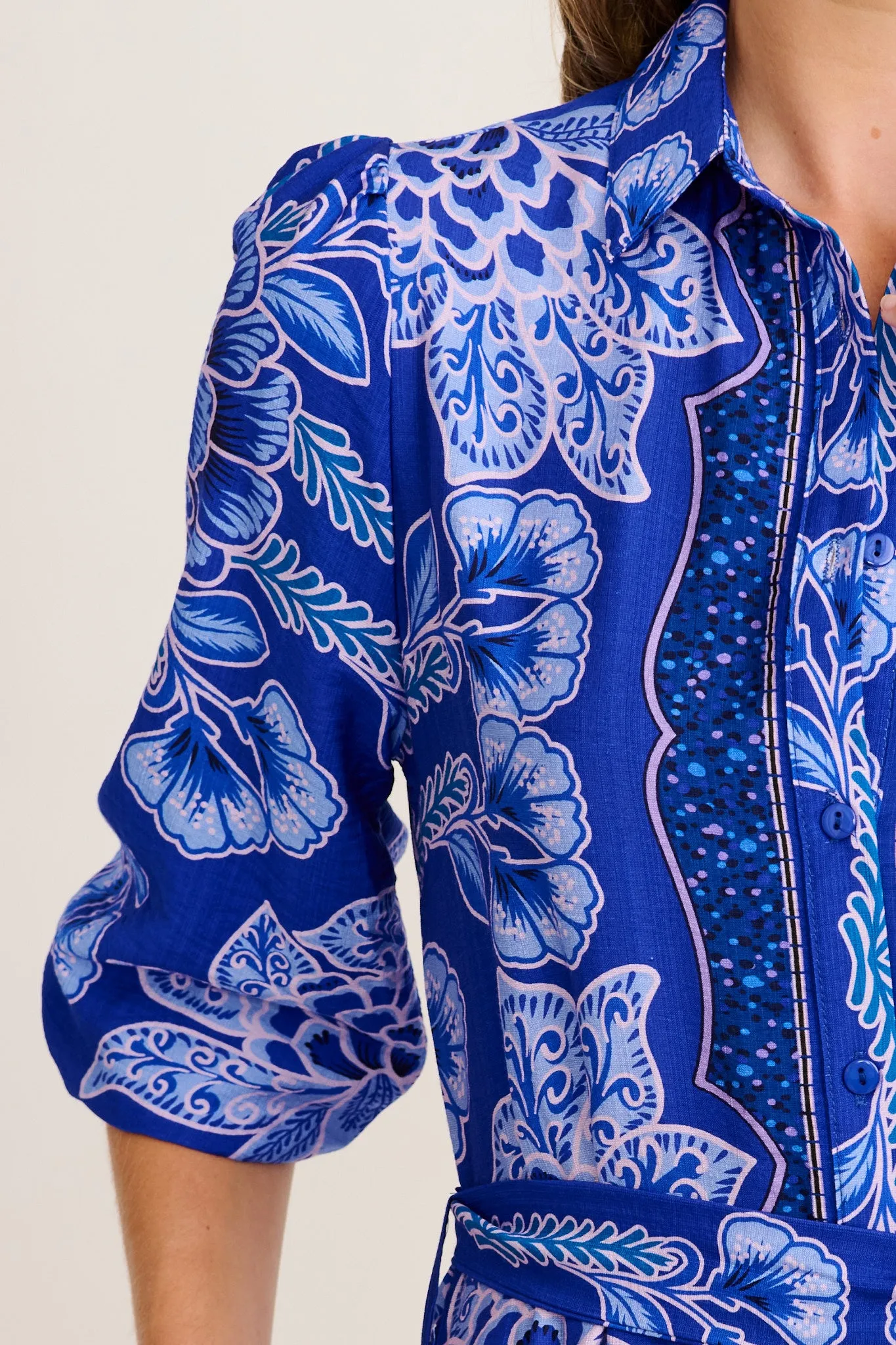 Aurelina Maxi Shirt Dress in Blue Floral Print Linen Blend sold by St Frock product image thumbnail 5