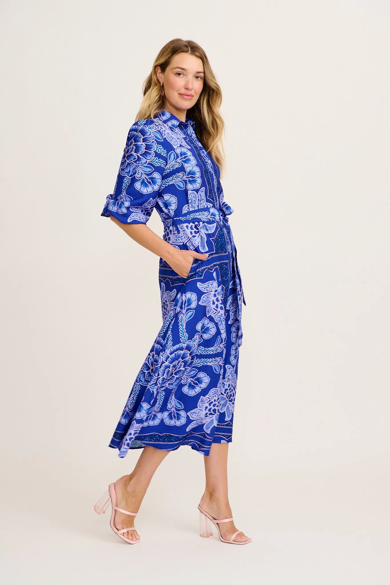 Aurelina Maxi Shirt Dress in Blue Floral Print Linen Blend sold by St Frock product image thumbnail 3