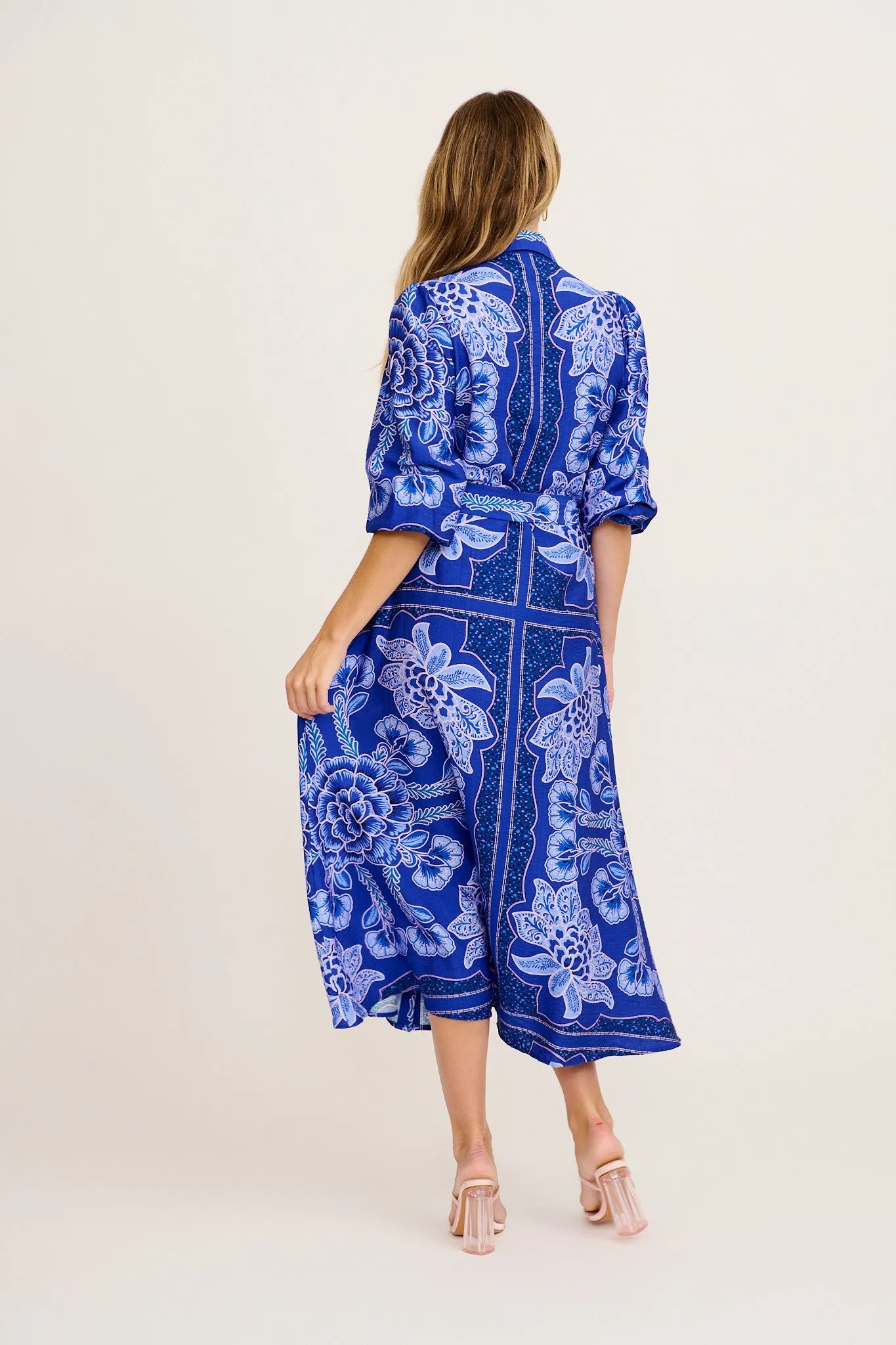 Aurelina Maxi Shirt Dress in Blue Floral Print Linen Blend sold by St Frock product image thumbnail 4