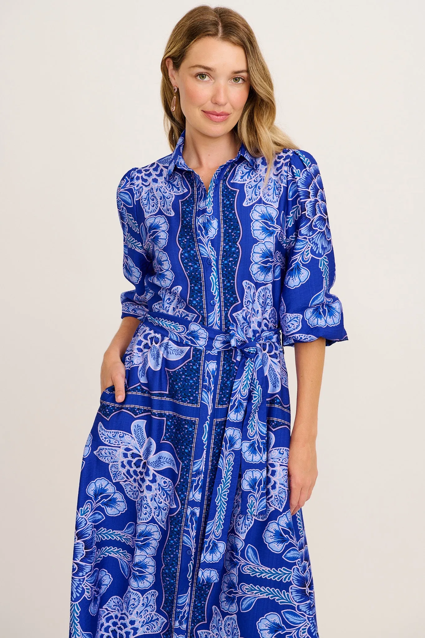Aurelina Maxi Shirt Dress in Blue Floral Print Linen Blend sold by St Frock product image thumbnail 2