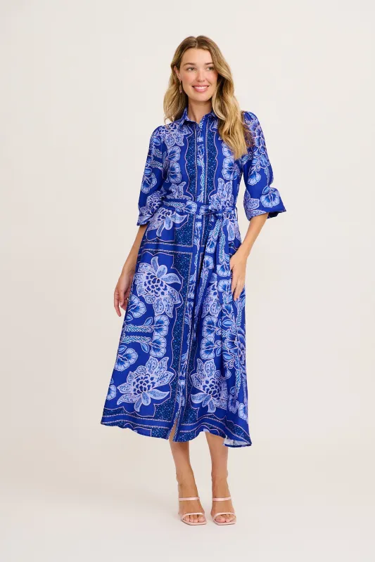 Aurelina Maxi Shirt Dress in Blue Floral Print Linen Blend sold by St Frock