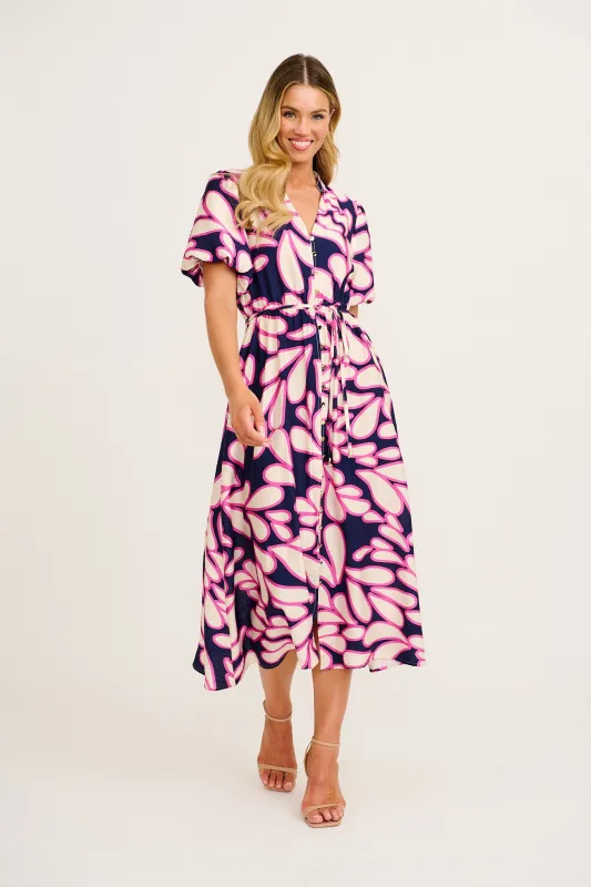 Starstruck Midi Dress in Navy with Pink Print Linen Blend sold by St Frock