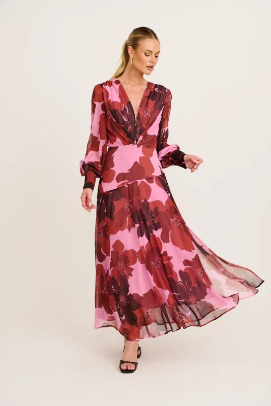 Martina Maxi Dress in Pink and Red Floral Chiffon sold by St Frock