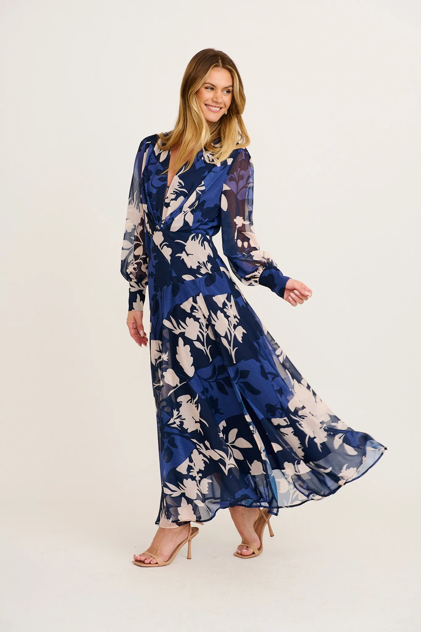 Martina Maxi Dress in Navy and Blue Floral Chiffon sold by St Frock product image thumbnail 3