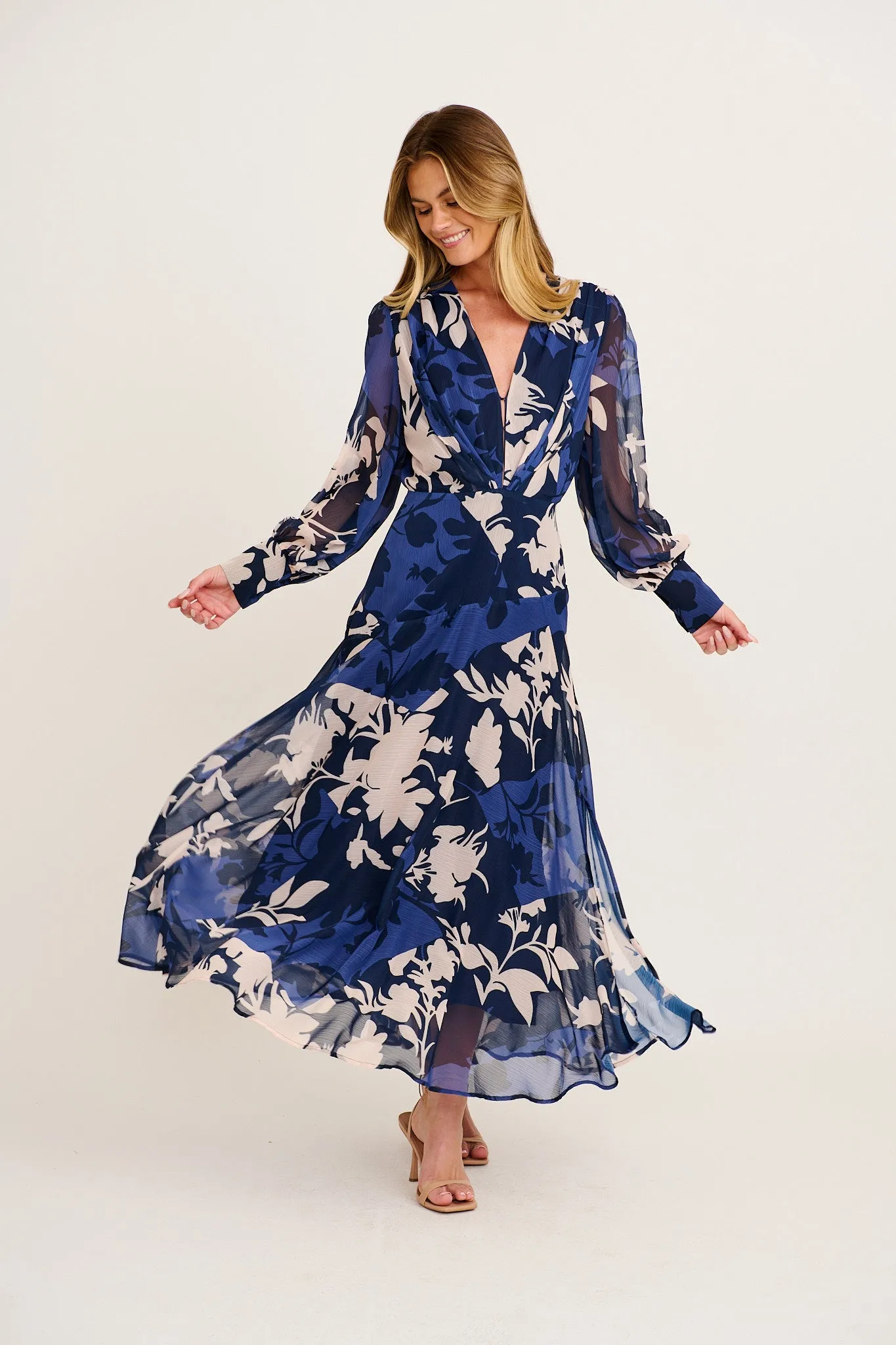 Martina Maxi Dress in Navy and Blue Floral Chiffon sold by St Frock