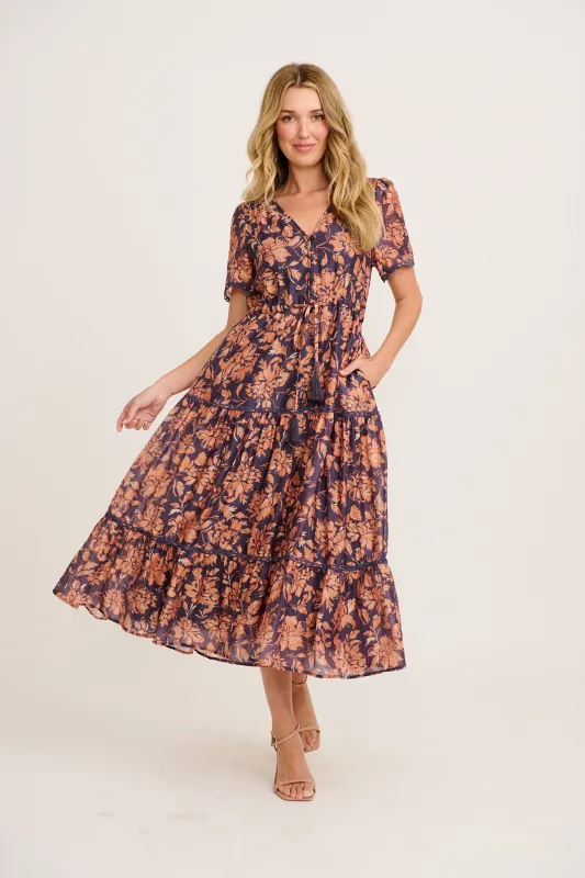 Posy Midi Dress in Navy with Rust Floral made by St Frock