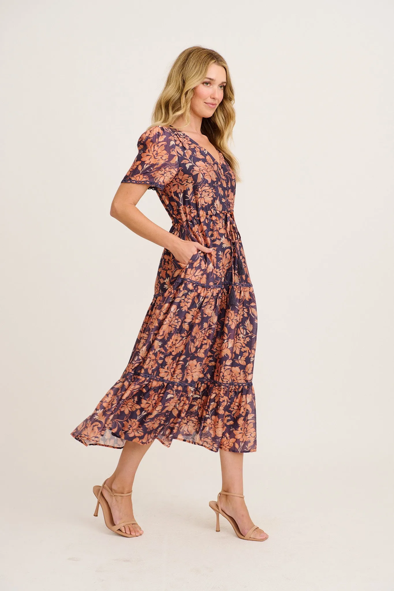 Posy Midi Dress in Navy with Rust Floral sold by St Frock product image thumbnail 3