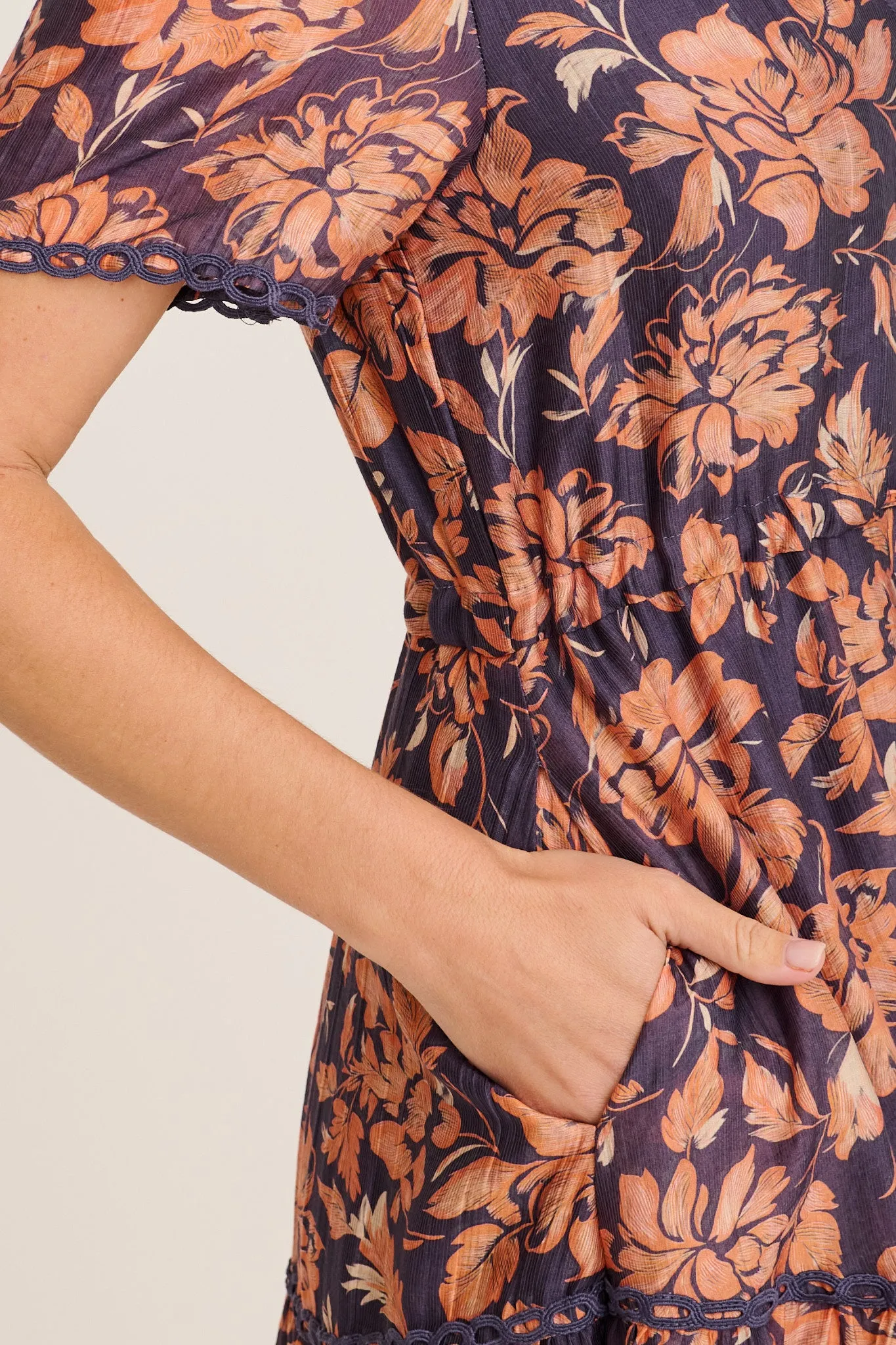 Posy Midi Dress in Navy with Rust Floral sold by St Frock product image thumbnail 5