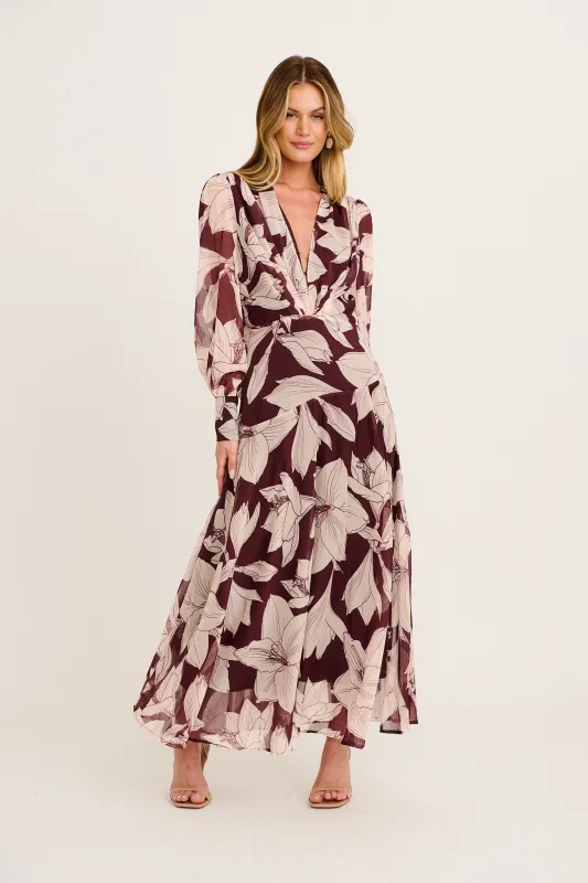 Martina Maxi Dress in Burgundy and Cream Floral Chiffon sold by St Frock
