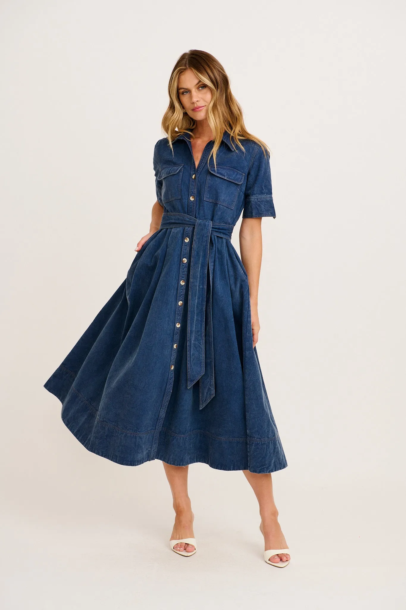 PRE ORDER Heritage Maxi Shirt Dress in Indigo Cotton Twill sold by St Frock