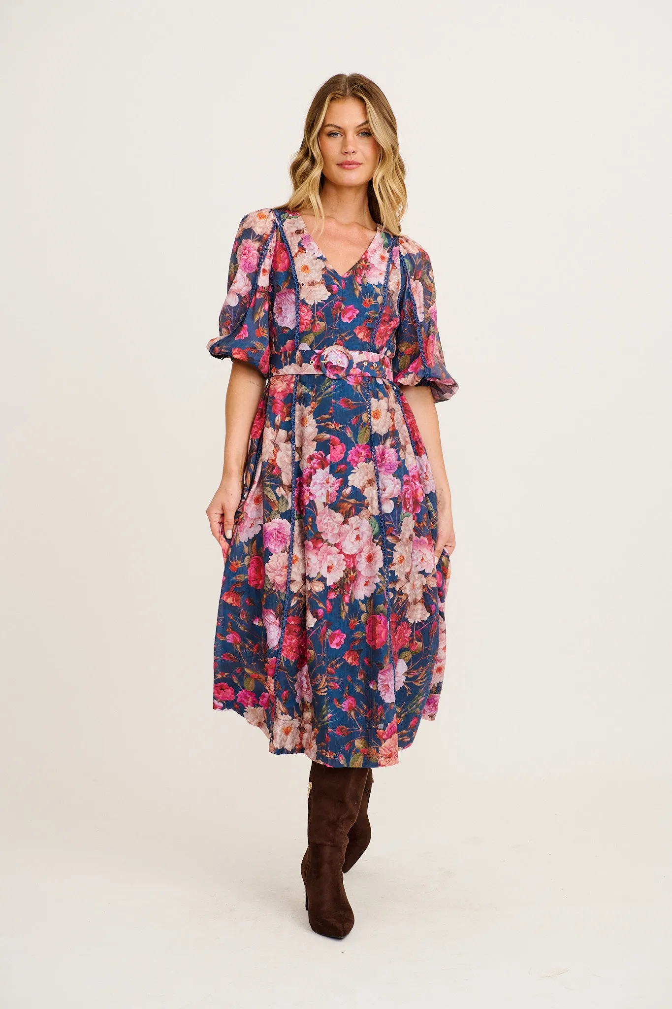 Reverie Maxi Dress in Navy with Blush Floral sold by St Frock