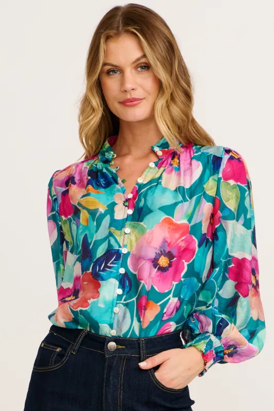 Daphne Top in Green Multi Floral Cotton Blend made by St Frock