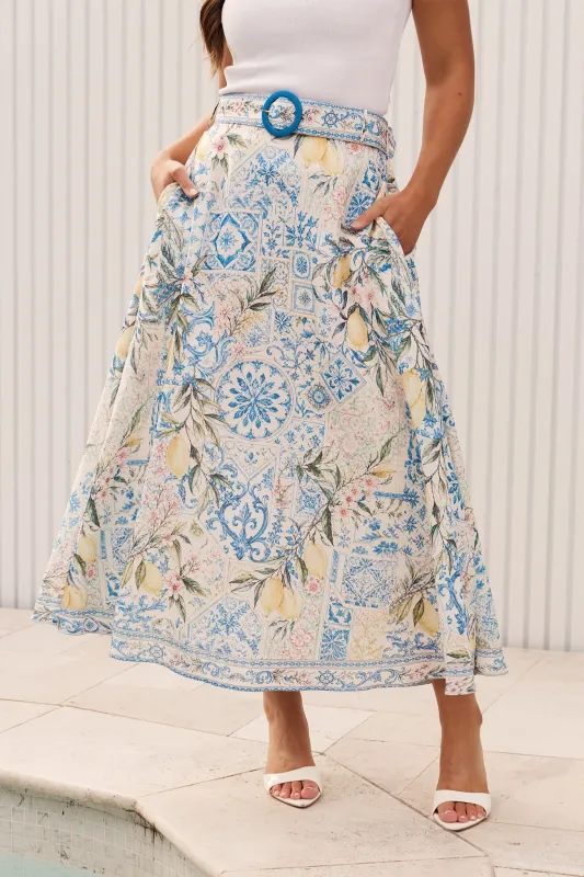 Limonata Maxi Skirt in Blue with Lemon Linen Blend made by St Frock