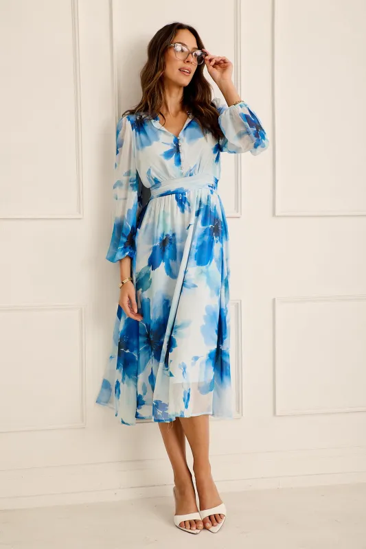 Lustre Midi Dress in White with Blue Floral made by St Frock
