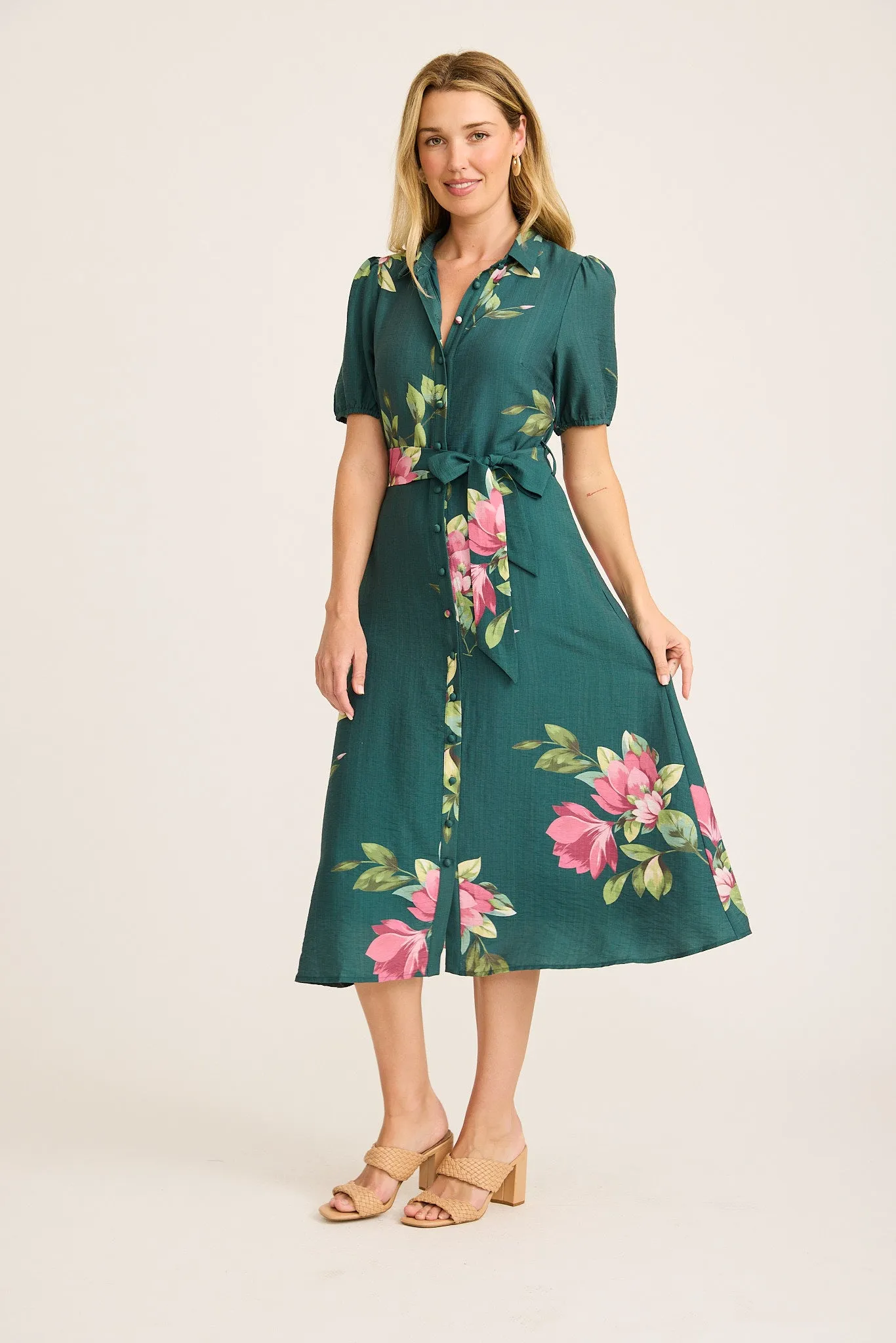 Floriana Midi Shirt Dress in Emerald with Pink Floral sold by St Frock product image thumbnail 3