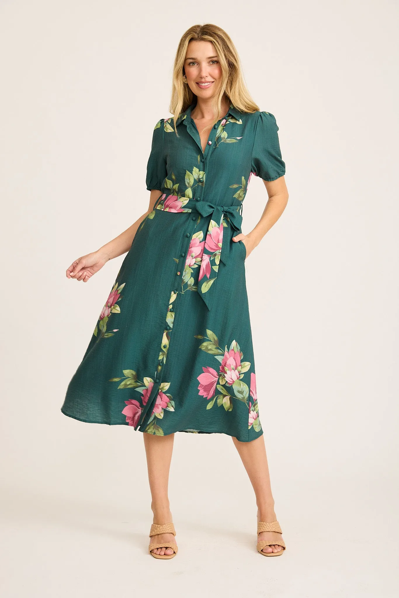 Floriana Midi Shirt Dress in Emerald with Pink Floral sold by St Frock