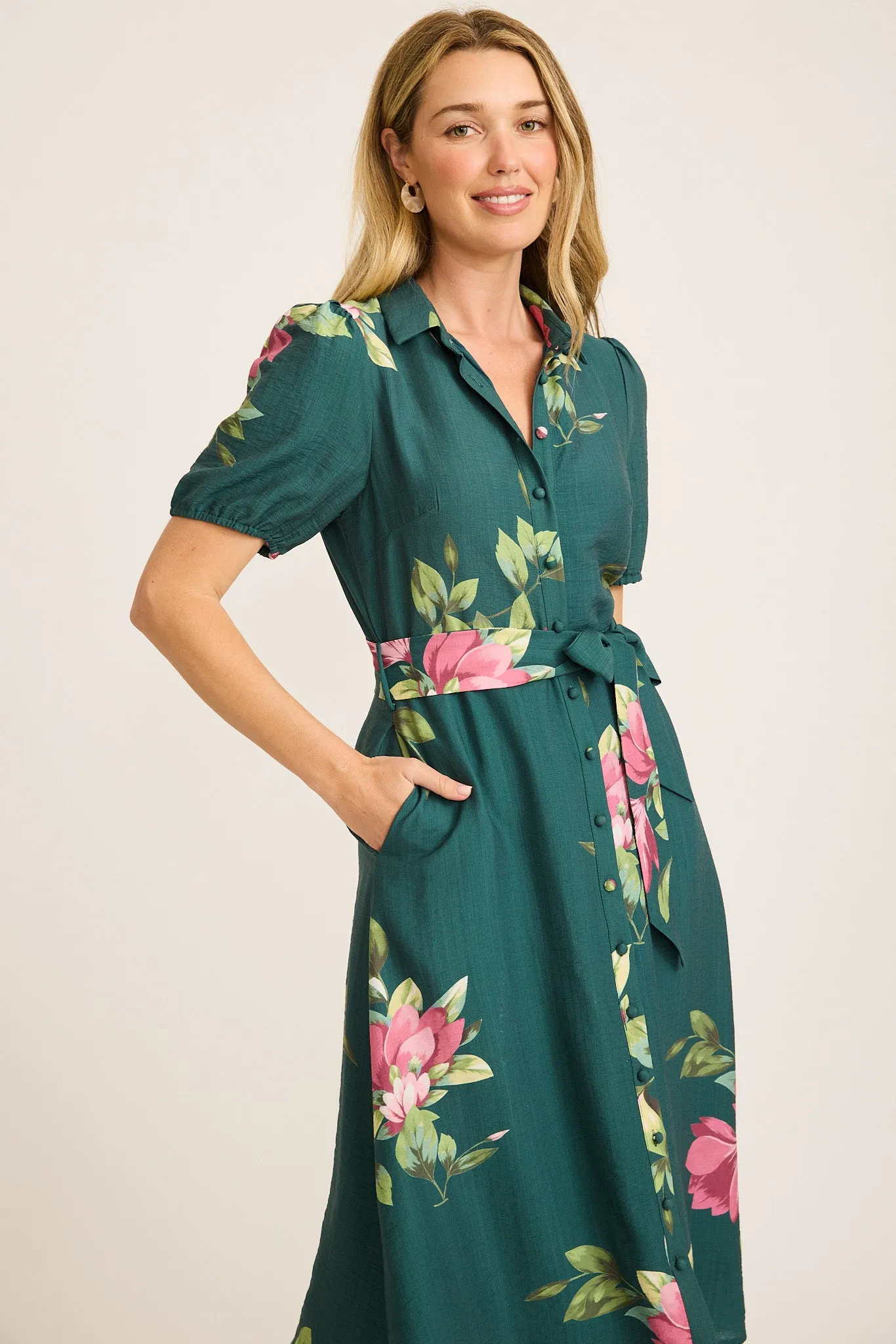 Floriana Midi Shirt Dress in Emerald with Pink Floral sold by St Frock product image thumbnail 2