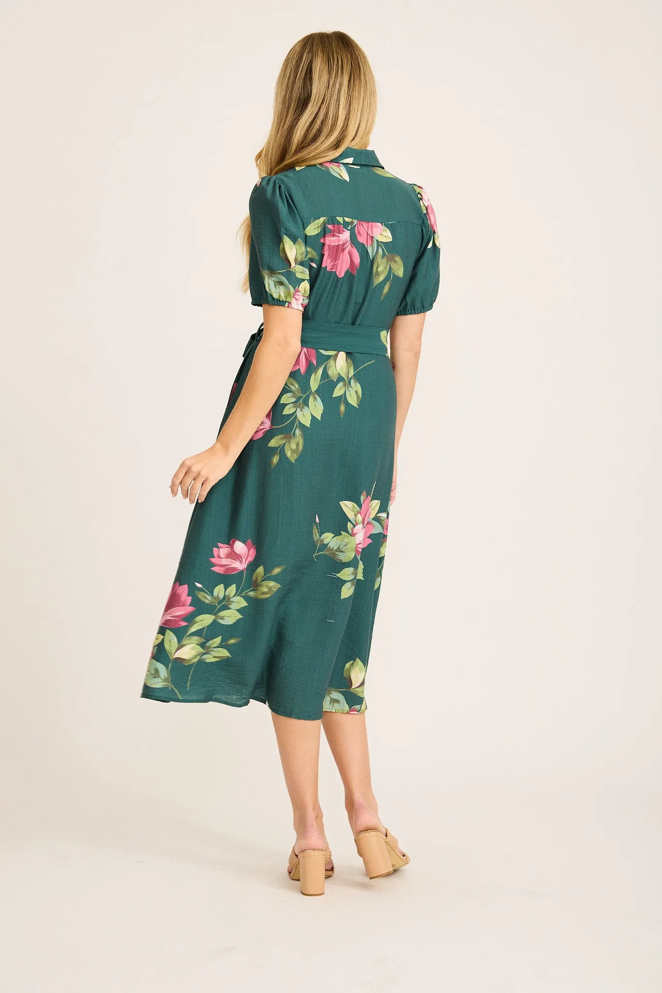 Floriana Midi Shirt Dress in Emerald with Pink Floral sold by St Frock product image thumbnail 4