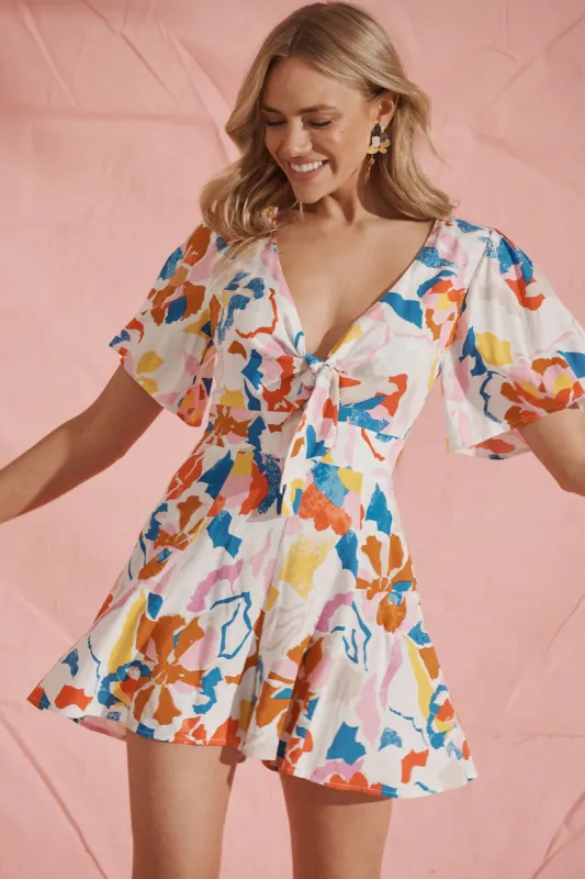 Lovebird Playsuit In White With Bright Multi Floral sold by St Frock