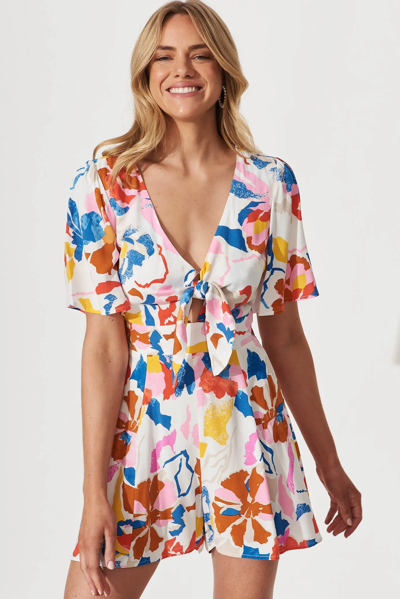 Lovebird Playsuit In White With Bright Multi Floral sold by St Frock product image thumbnail 5