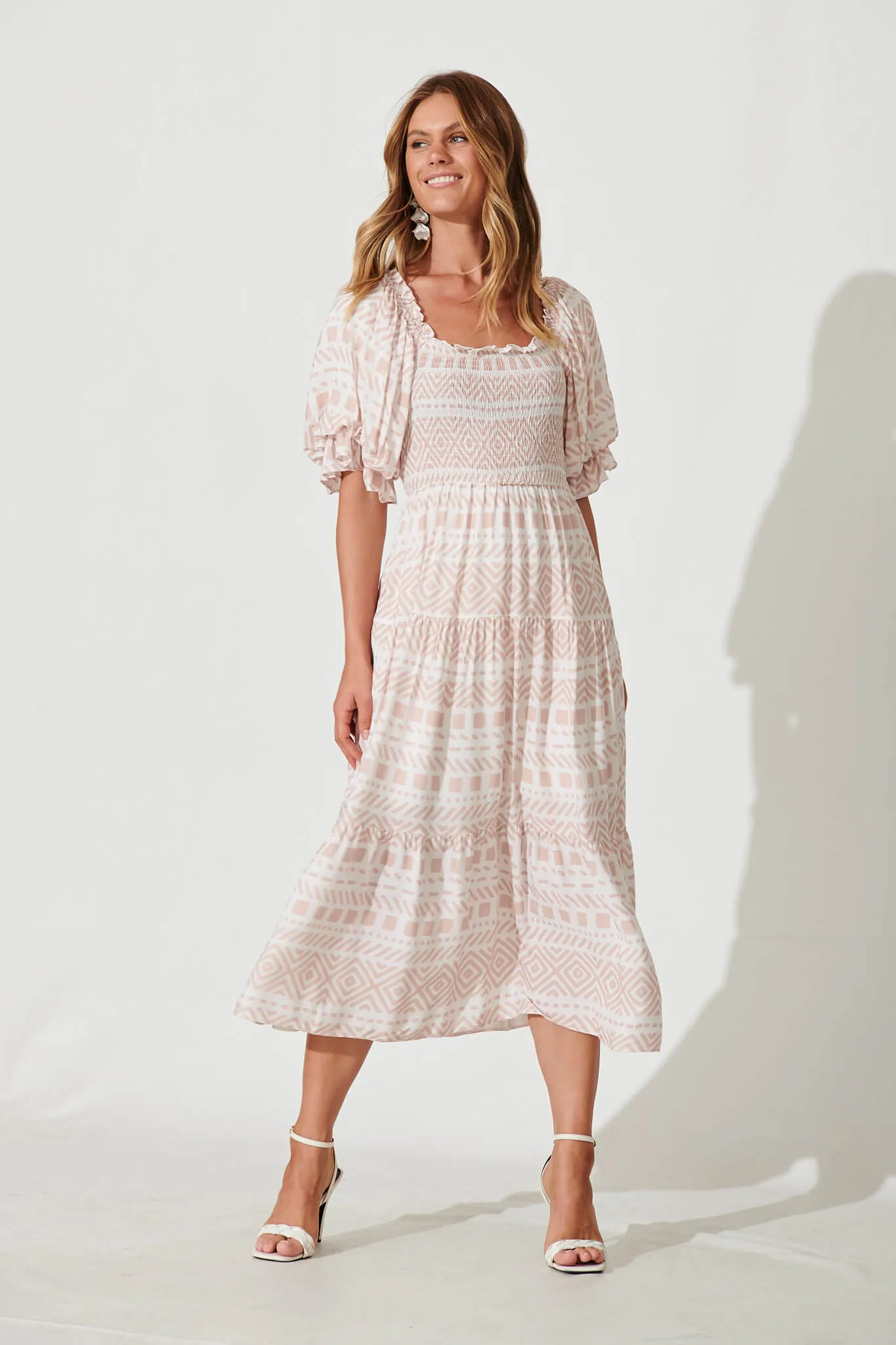 Morning Midi Dress In Tan And Cream Geometric Linen Blend sold by St Frock