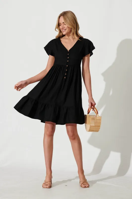 Similan Smock Dress In Black Linen Blend sold by St Frock