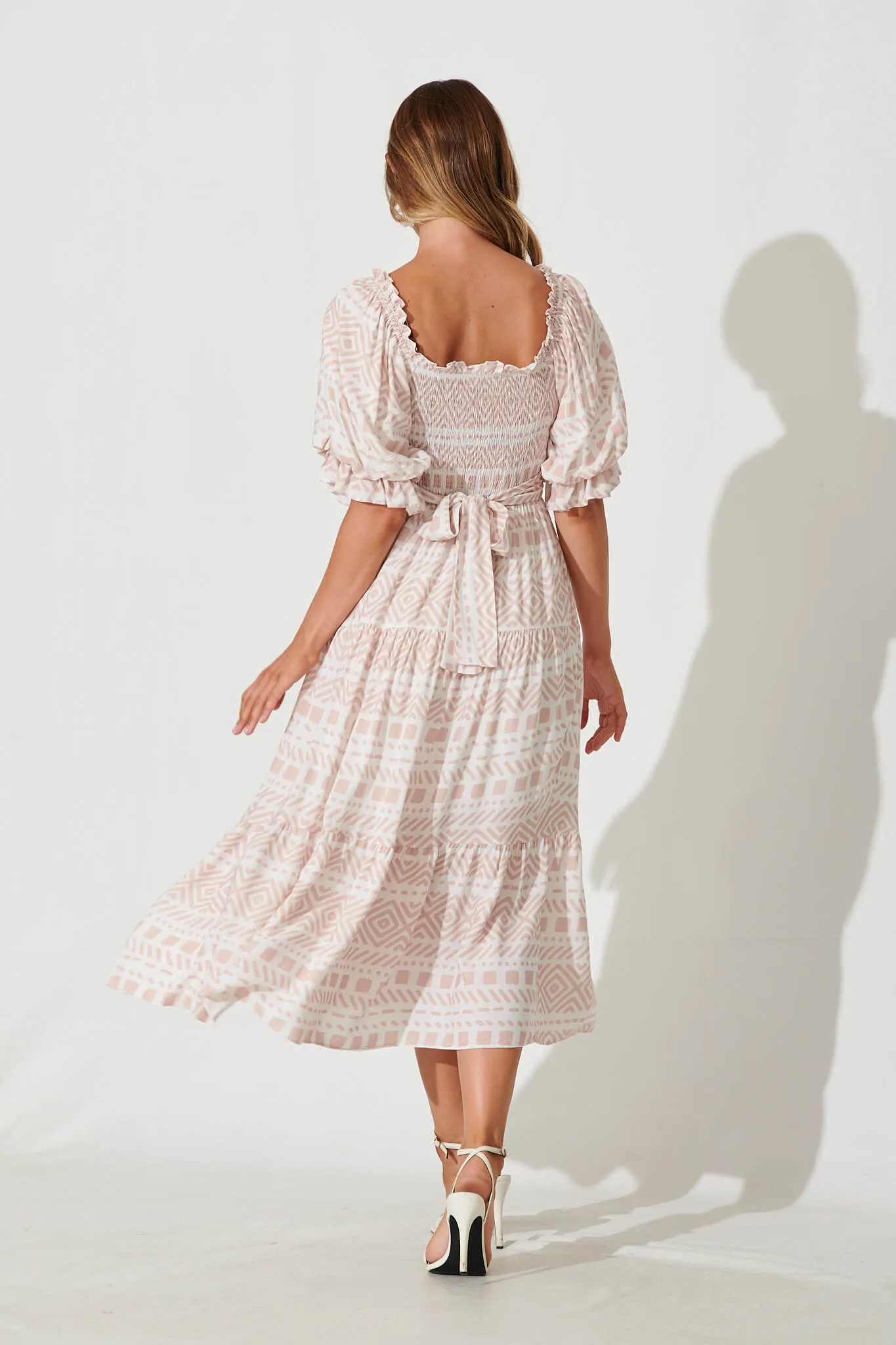 Morning Midi Dress In Tan And Cream Geometric Linen Blend sold by St Frock product image thumbnail 4