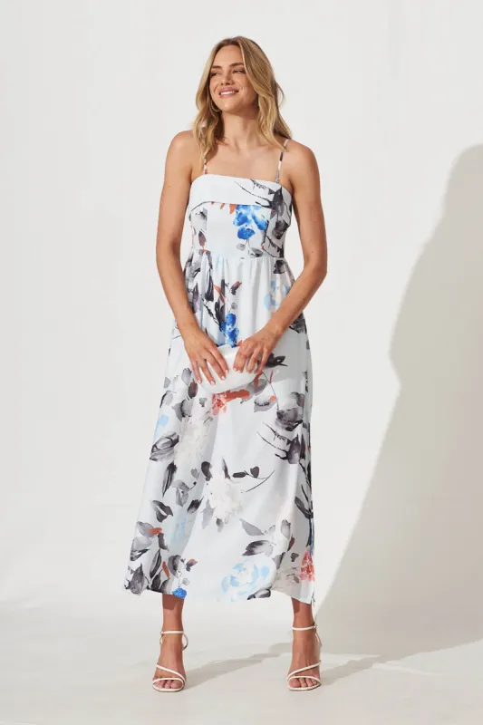 Viola Maxi Dress In Pale Blue With Floral Linen Blend sold by St Frock