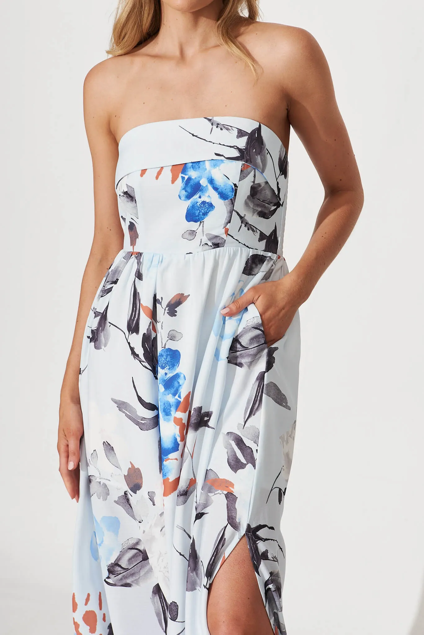 Viola Maxi Dress In Pale Blue With Floral Linen Blend sold by St Frock product image thumbnail 5