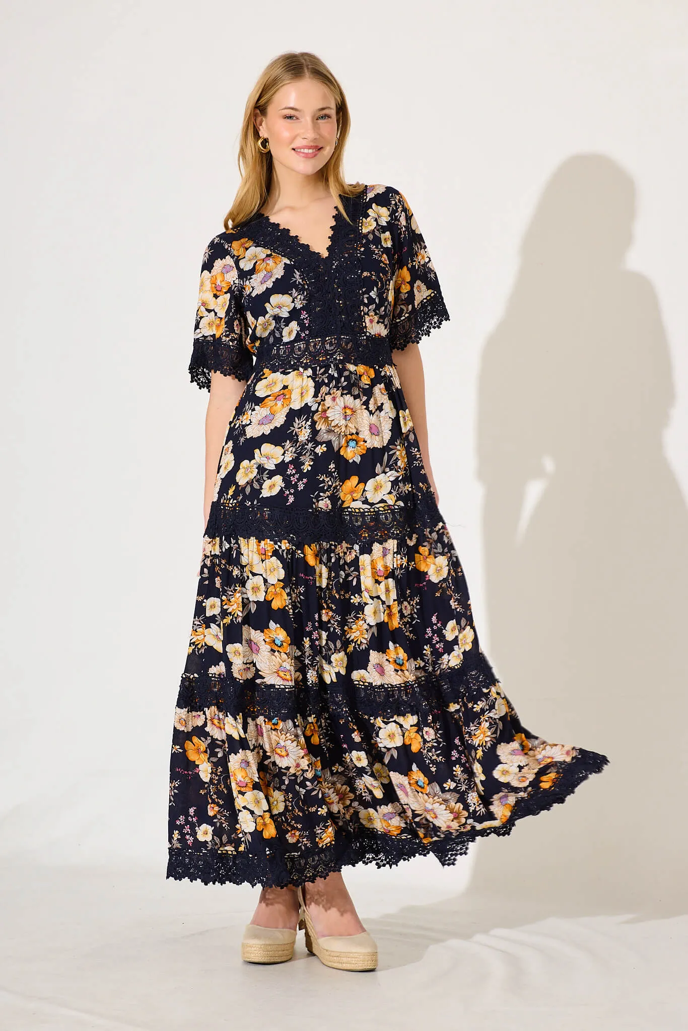 Mona Maxi Dress In Ink With Rust Floral sold by St Frock