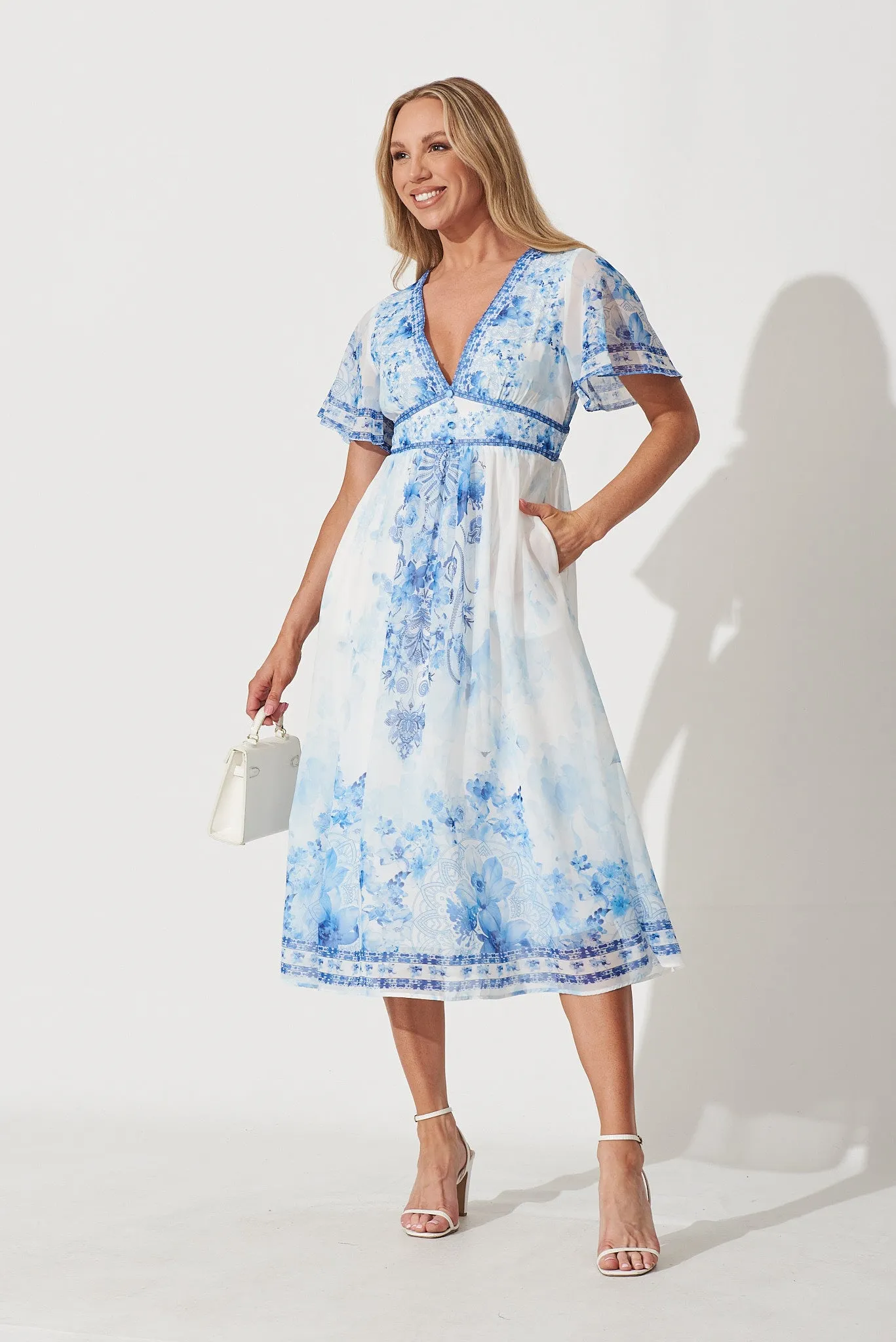 Daniella Midi Dress In White With Blue Chiffon sold by St Frock product image thumbnail 5
