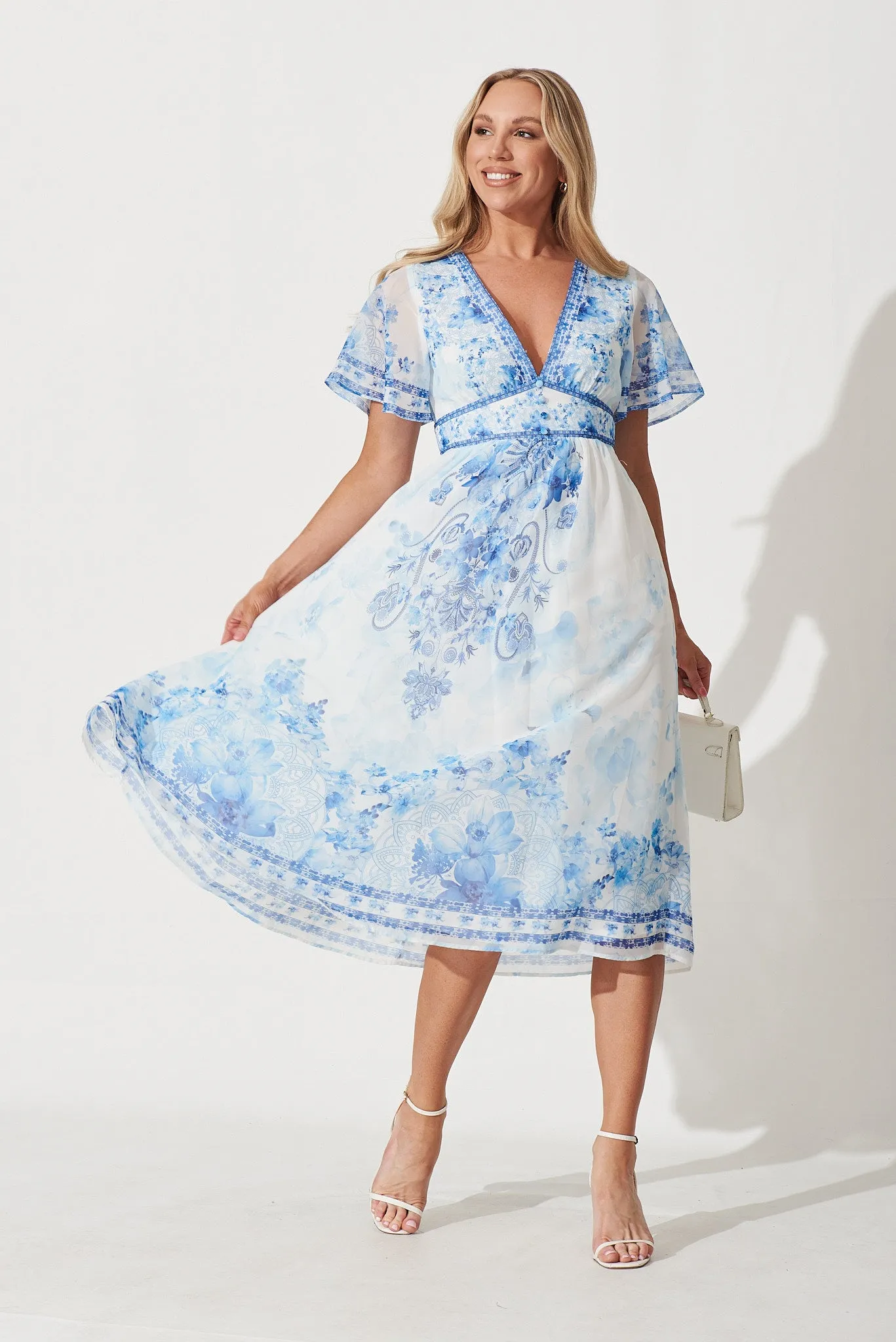 Daniella Midi Dress In White With Blue Chiffon sold by St Frock