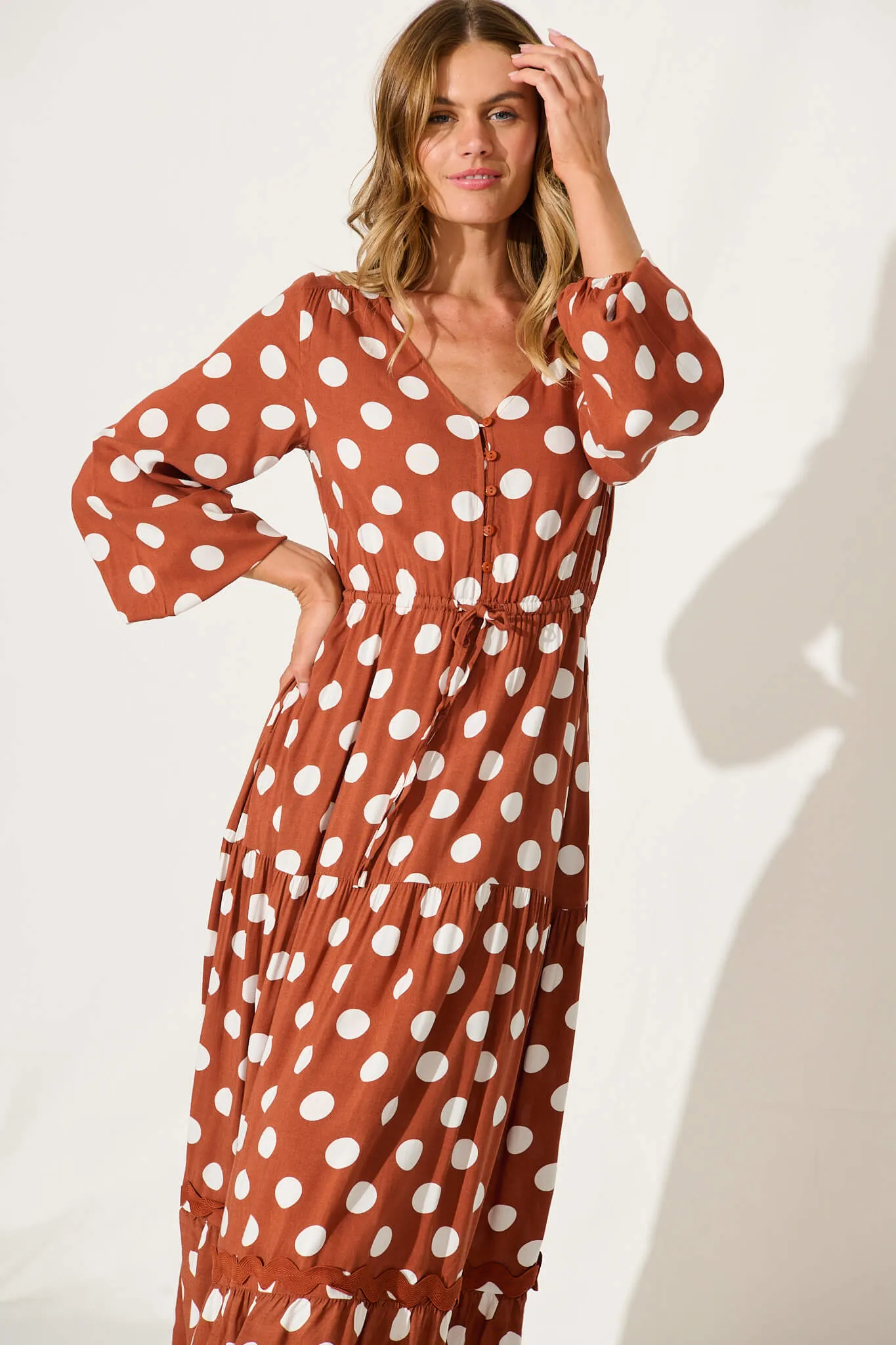 Elia Maxi Dress In Rust With White Polka Dot Ric Rac sold by St Frock product image thumbnail 2
