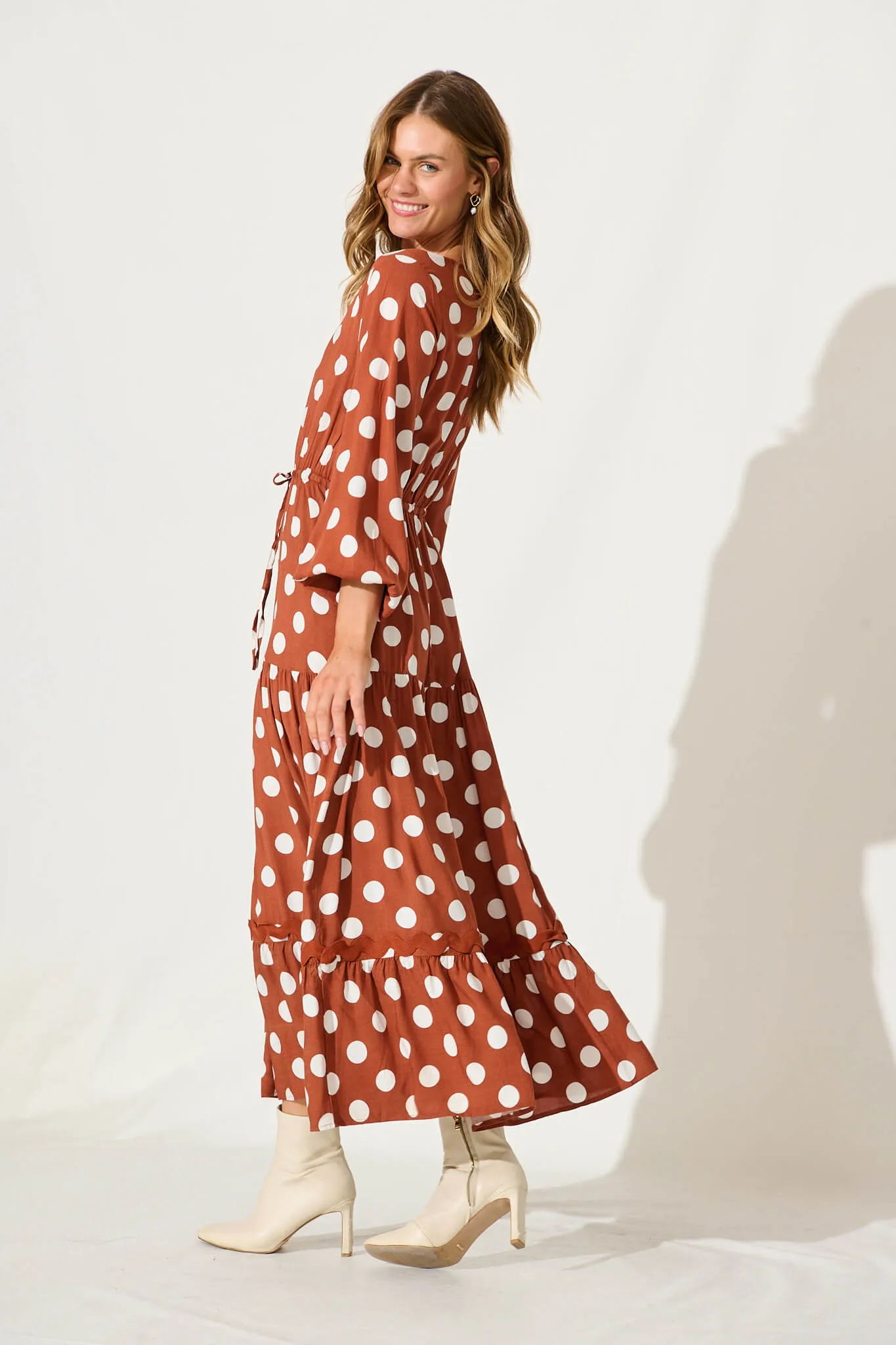 Elia Maxi Dress In Rust With White Polka Dot Ric Rac sold by St Frock product image thumbnail 3