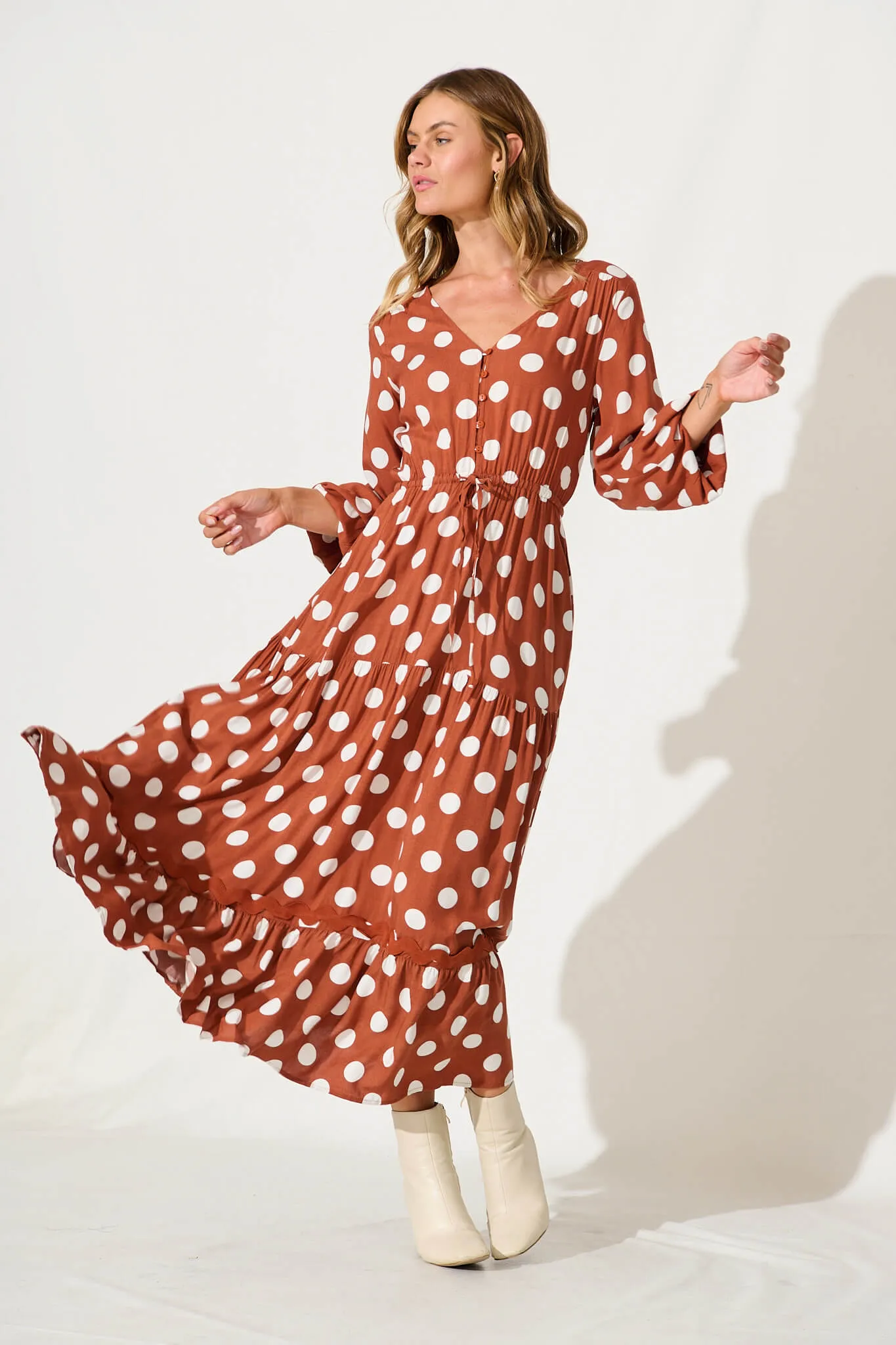 Elia Maxi Dress In Rust With White Polka Dot Ric Rac sold by St Frock