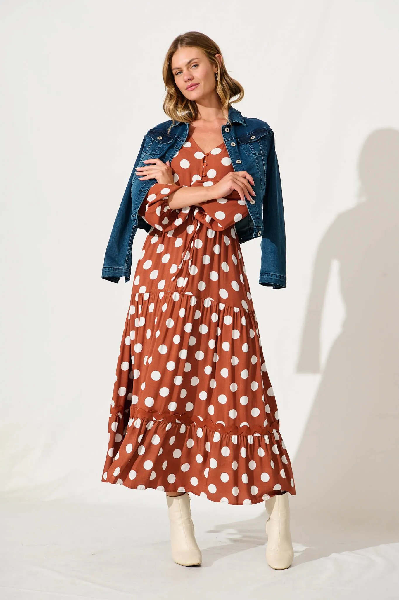 Elia Maxi Dress In Rust With White Polka Dot Ric Rac sold by St Frock product image thumbnail 5