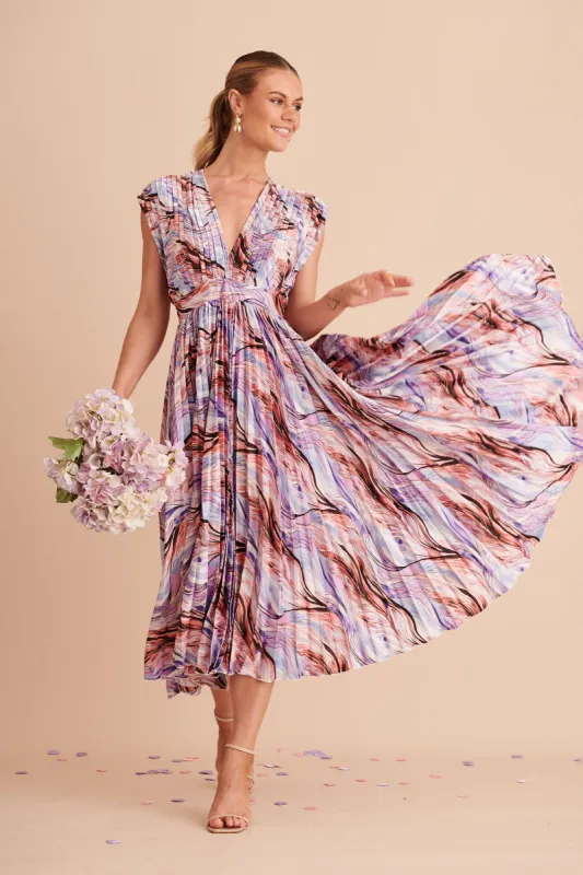 Anetta Midi Dress In Rust With Purple Swirl Print Satin sold by St Frock